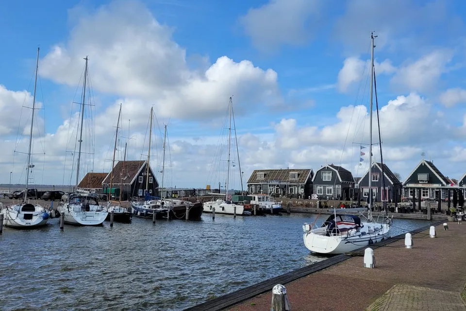 Jachthaven met zeilboten en donkere houten huizen aan het water